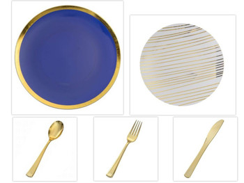 Glam Design Collection Navy and Gold 10.25" Dinner Plastic Plates + White and Gold 8" Salad Plastic Plates + Gold Cutlery *Party of 100*