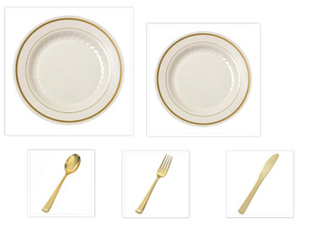 Gold Splendor Ivory/Gold 10 1/4" Dinner Plates + 7" Salad Plates + Gold Cutlery *Party of 60*