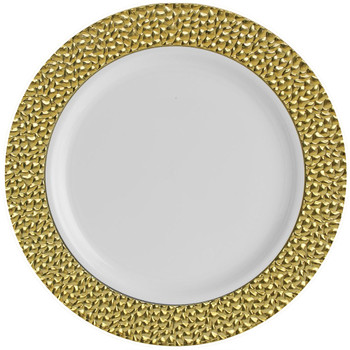 Hammered Collection 7" White w/ Gold Hammered Border Salad / Cake Plastic Plates 10ct.