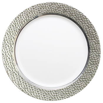 Hammered Collection 7" White w/ Silver Hammered Border Salad / Cake Plastic Plates 10ct.