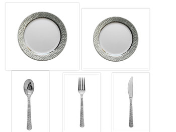 Hammered Collection White w/Silver Hammered Border China-Like Plastic 9" Dinner Plates + 7" Salad Plates + Cutlery *Party for 40*