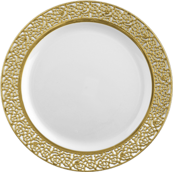 Inspiration 10 1/4" White w/ Gold Lace Banquet Plastic Plates *Case of 120*