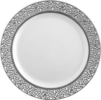 Inspiration 9" White w/ Silver Lace Border Luncheon Plastic Plates 10ct.