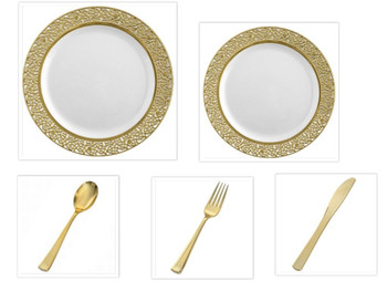 Inspiration White with Gold Lace Border 10" Dinner Plates + 7" Salad Plates + Cutlery *Party of 40*