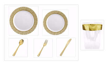 Inspiration White with Gold Lace Border 10" Dinner Plates + 7" Salad Plates + Cutlery + Cups *Party of 120*