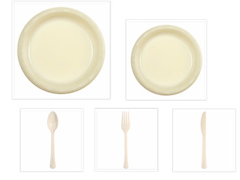 Ivory Plastic 10" Dinner Plates + 7" Salad Plates + Cutlery *Case of 100*