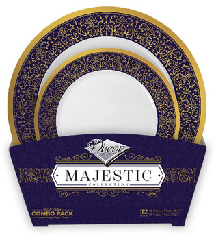 Majestic Collection Tableware Set of 32 White Party Plates w/Blue and Gold Border