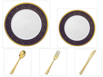 Majestic Collection White w/Blue & Gold Border China-Like Plastic 10.25" Dinner Plates + 7" Salad Plates + Cutlery *Party for 96*