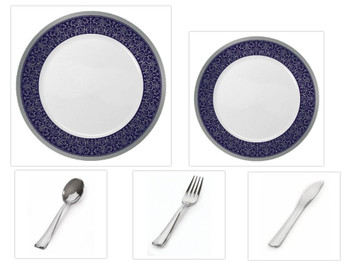 Majestic Collection White w/Blue & Silver Border China-Like Plastic 10.25" Dinner Plates + 7" Salad Plates + Cutlery *Party for 96*