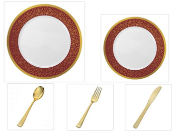 Majestic Collection White w/Burgundy & Gold Border China-Like Plastic 10.25" Dinner Plates + 7" Salad Plates + Cutlery *Party for 96*