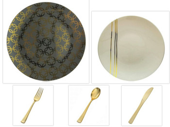 Motif Design Collection Gray w/Gold Geometric Overlay 10.25" Dinner Plastic Plates + Cream w/Gold Streaks 8" Salad Plastic Plates + Gold Cutlery *Party of 60*