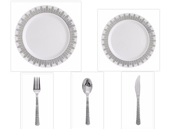 Ornament White w/Silver Regal Border China-Like Plastic 10" Banquet Plates + 7" Salad Plates + Cutlery *Party of 40*