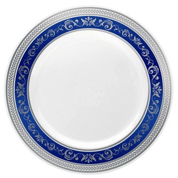 Royal Collection 10 1/4" White w/ Blue and Silver Royal Border Banquet Plastic Plates *Case of 120*