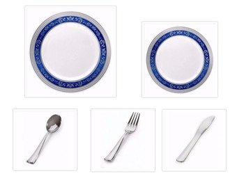 Royal Collection White w/ Blue and Silver Royal Border 10.25" Dinner Plates + 7.25" Salad Plates + Cutlery *Party of 60*
