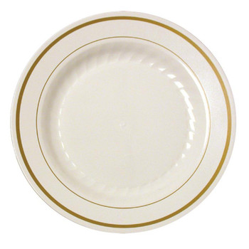 Silver Splendor 9" Ivory Luncheon Plastic Plates w/ Gold Band *Case of 120*