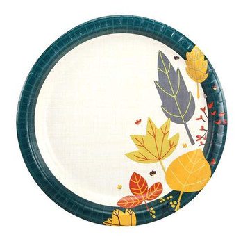 Teal Leaves 10" Premium Banquet Thanksgiving Paper Plate 24ct.