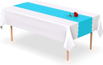 Turquoise Scallop Disposable Table Runner 14 x 108 inch. Adhesive Strips Included 5 Count