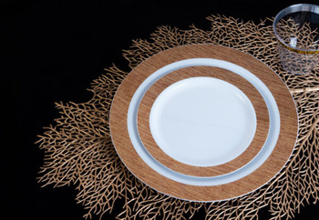 brown border w/ white center plastic wedding plates