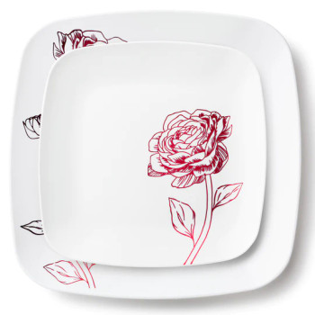 white and burgundy peony floral square plates