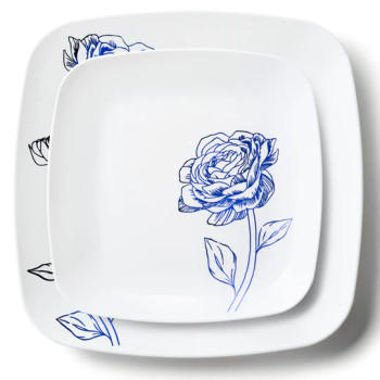 white & Blue plastic square plates floral peony