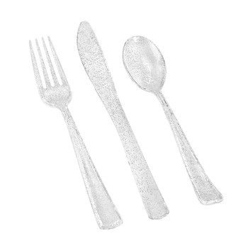 silver glitter plastic forks, spoons knives