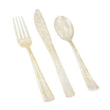 gold glitter plastic forks, spoons knives