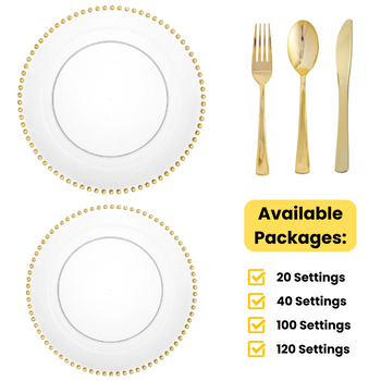 Clear / Gold Beaded Wedding Plastic Plates Party Bundle w/ Gold Plastic Cutlery