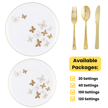White / Gold  Butterfly Wedding Plastic Plates Party Bundle w/ Gold Plastic Cutlery
