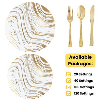 White / Gold  Curved Wedding Plastic Plates Party Bundle w/ Gold Plastic Cutlery
