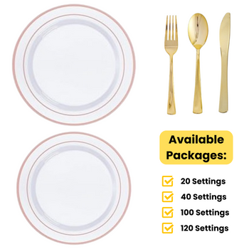 White / Rose Gold Combos Wedding Plastic Plates Party Bundle w/ Gold Plastic Cutlery