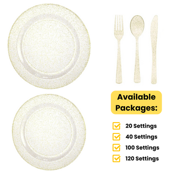 Clear / Gold Glitter Wedding Plastic Plates Party Bundle W/ Gold Glitter Plastic Cutlery