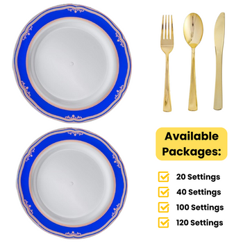 White / Gold Cobalt Wedding Plastic Plates Party Bundle W/  Gold Plastic Cutlery