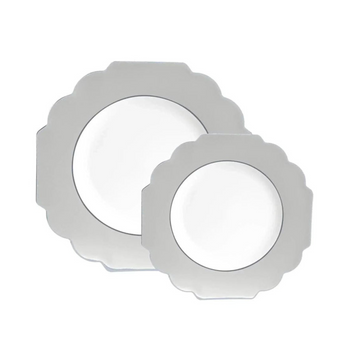 Luxe Party Flower Collection Silver w/ Silver Rim Plastic Plates