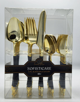 sophisticare Collection Two Tone Black / Gold Plastic Wedding Cutlery 40pcs.