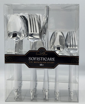 Sophisticare  Collection Two Tone  White / Silver Plastic Wedding Cutlery 40pcs.