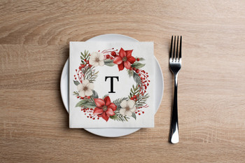 Disposable Paper Cocktail Napkins with Christmas Holiday Napkins Flower Monogram "T" - Pack of 20