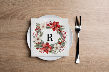Disposable Paper Cocktail Napkins With Christmas Flower Monogram "R" - Pack of 20