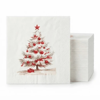 Altoona Design Red and White Christmas Tree Disposable Cocktail Napkins, Absorbent Airlaid Linen-Feel Napkins for Xmas Dinner, Holiday Party & Winter Decor - 20 Pack