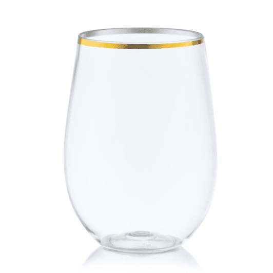 12 oz. Stemless Plastic Wine Goblet w/ Gold Rim 6ct.