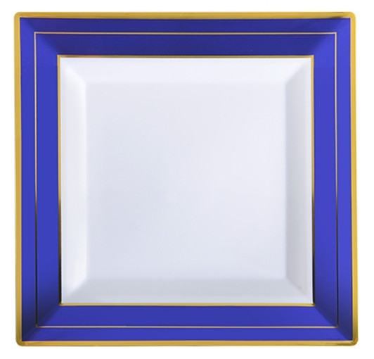 Blue Splendor 7.5" Square White w/ Blue and Gold Band Plastic Dessert Plates *Case of 120*