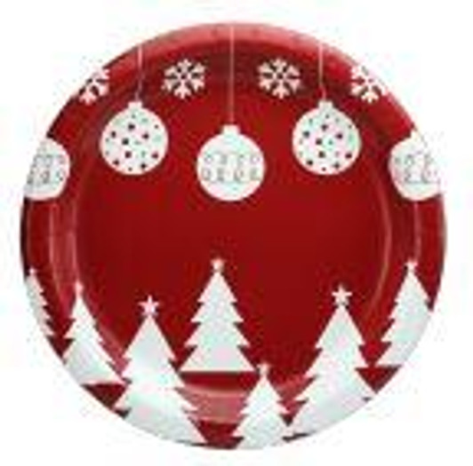 Bulb & Trees 9" Red & White Premium Luncheon Christmas Holiday Paper Plates 36ct.