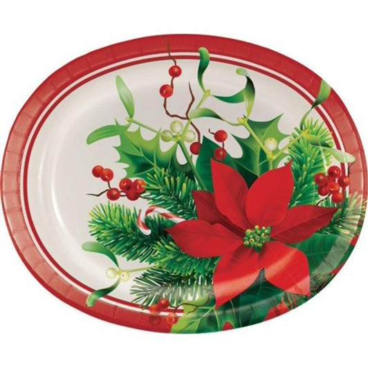 CHRISTMAS HOLIDAY POINSETTIA OVAL PLATTERS, 10" X 12", 8 CT