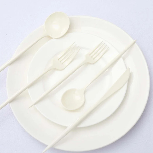 Ivory Cream Plastic Cutlery Skinny  Forks, Spoons, Knives 50ct.
