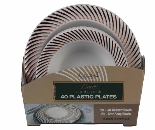 Curve Collection Combo Pack - White Bowls w/Rose Gold Swirl Border Soup and Dessert Bowls, 32 count