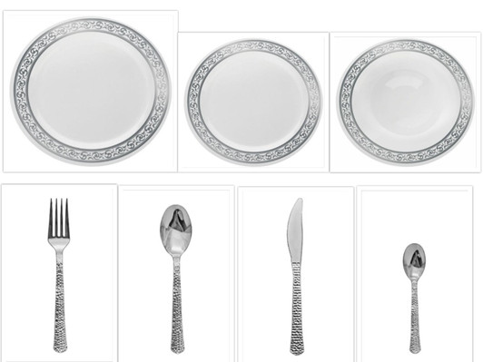 Decorline White w/Silver Rim China-Like 9" Dinner Plates + 7" Salad Plates + 12oz. Soup Bowls + Cutlery *Case of 120*
