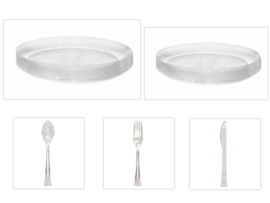 Embellish Scroll Clear Plastic 10" Dinner Plates + 7" Salad Plates + Cutlery *Party of 100*