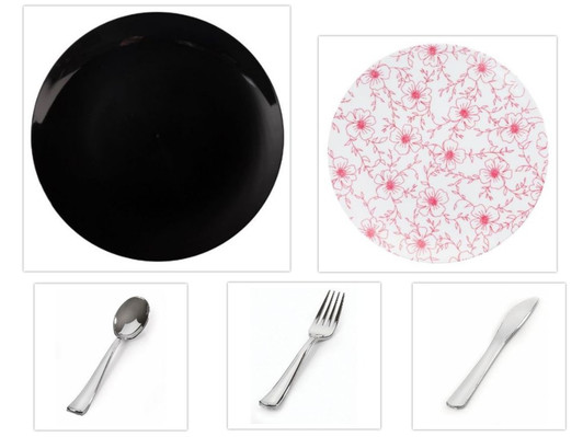 Flora Design Collection Black 10.25" Dinner Plastic Plates + White w/Burgundy Floral 8" Salad Plastic Plates + Silver Cutlery *Party of 120*