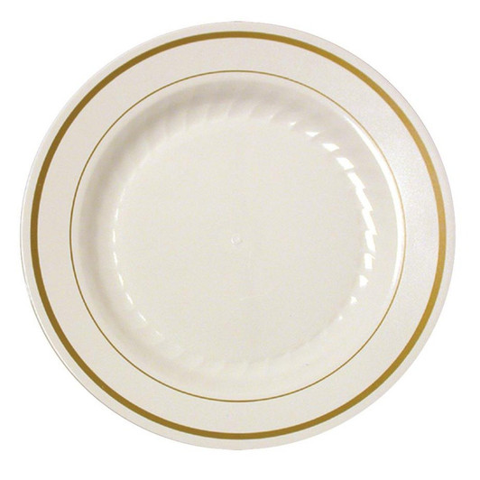 Gold Splendor 7" Ivory Salad Plastic Plates w/ Gold Band *Case of 150*