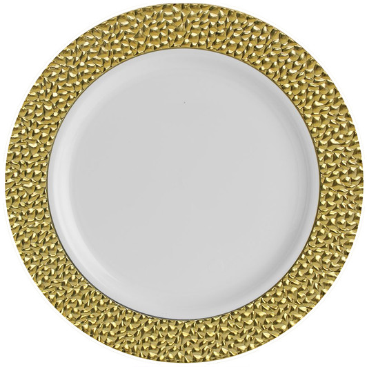 Hammered Collection 10 1/4" White w/ Gold Hammered Border Banquet Plastic Plates 10ct.