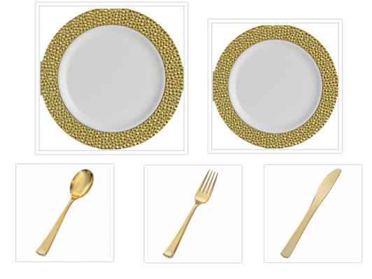 Hammered Collection White w/Gold Hammered Border China-Like Plastic 10" Dinner Plates + 7" Salad Plates + Cutlery *Party of 100*